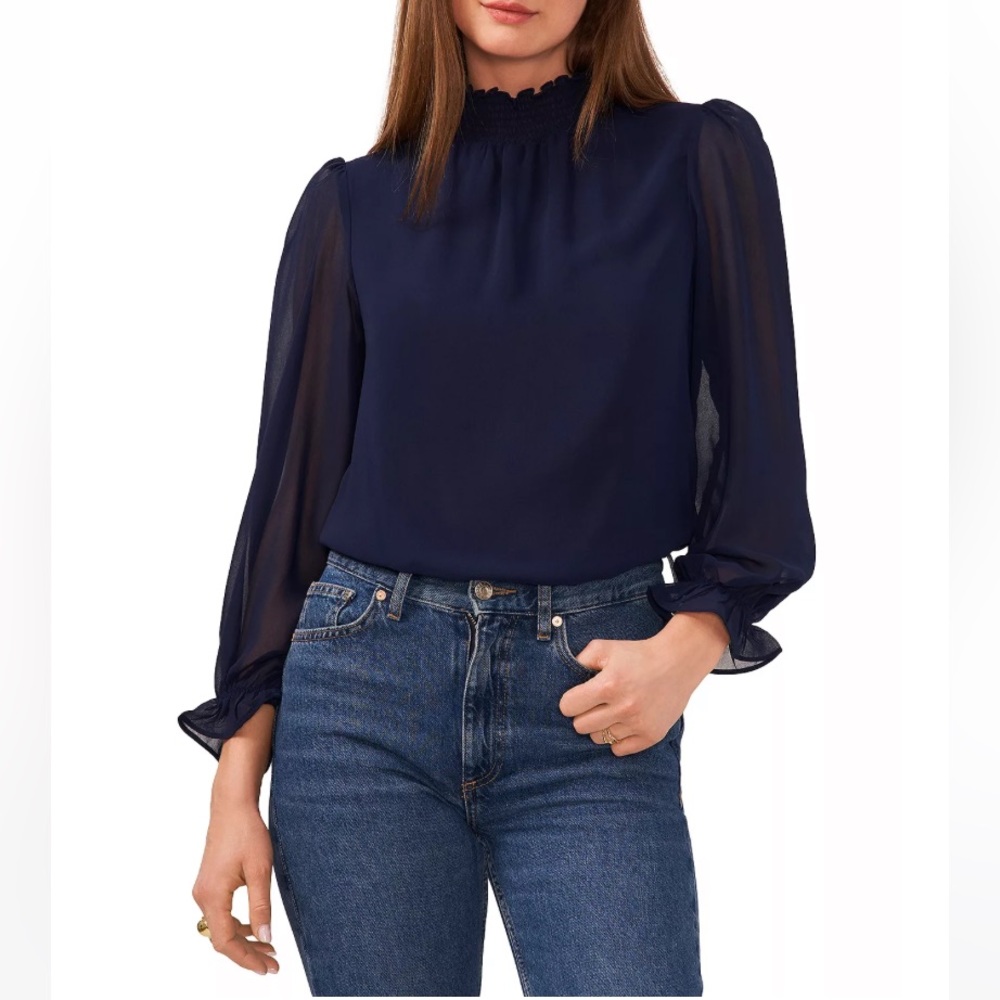 NWT** 1.STATE Smocked Neck Blouse Navy Blue~ Size M